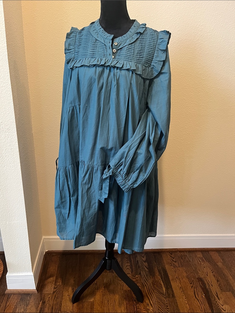 Sea New York Teal Blue Ruffle Yoke Long Sleeve Dress